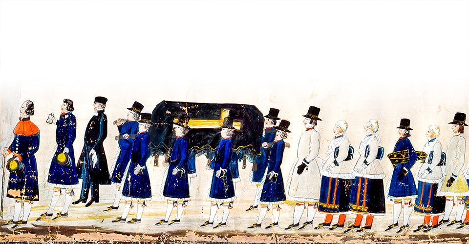 allmogemalning begravning En ungkarl och ett barn bärs till sin begravning av ett sällskap klätt i sorgdräkt